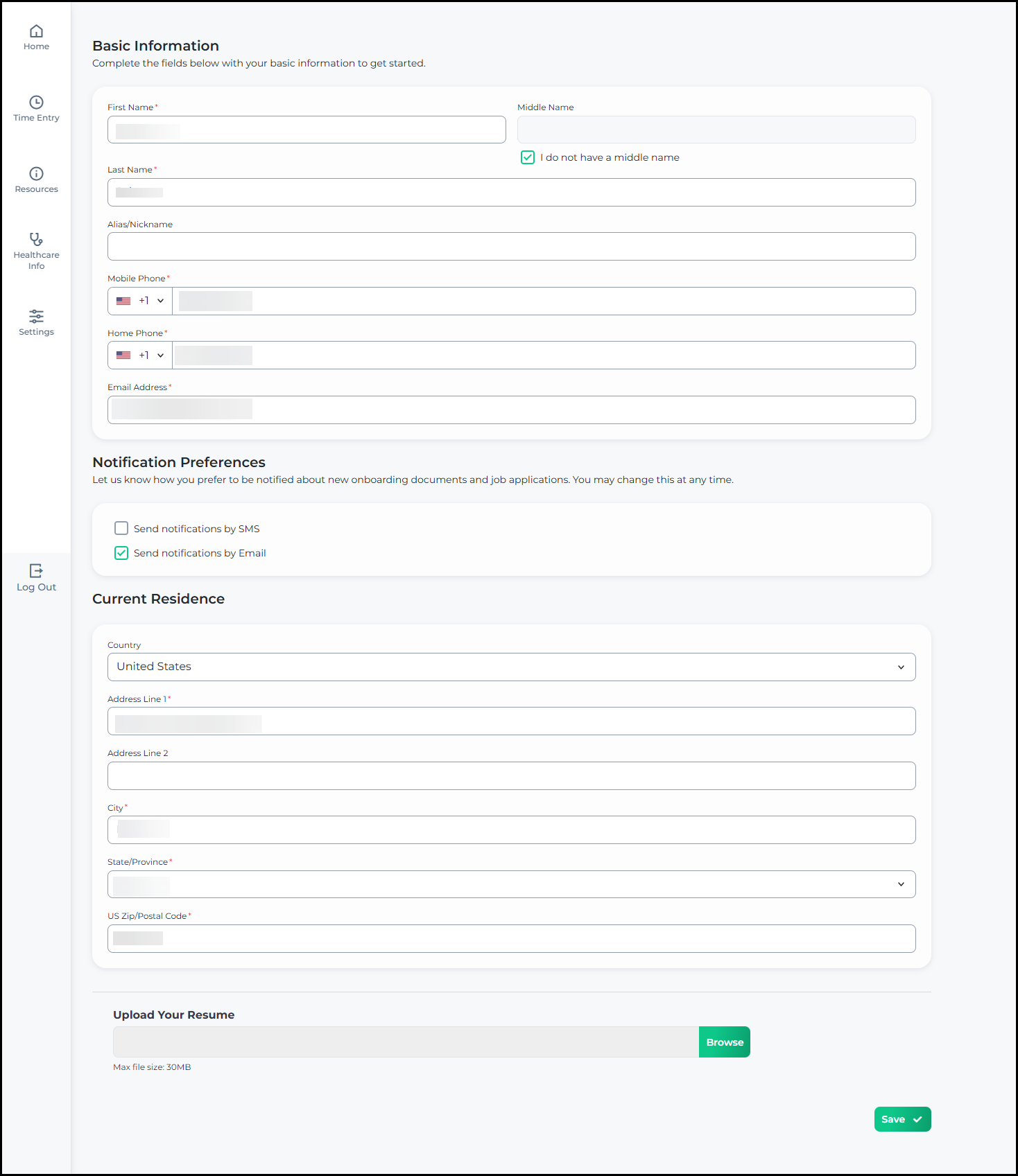 The new Basic Information form showing fields for First Name, Middle Name, Last Name, Alias/Nickname, Mobile Phone, Home Phone, Email Address, Notification Preferences, Current Residence, and Upload Your Resume, displayed within a stepped onboarding flow.
